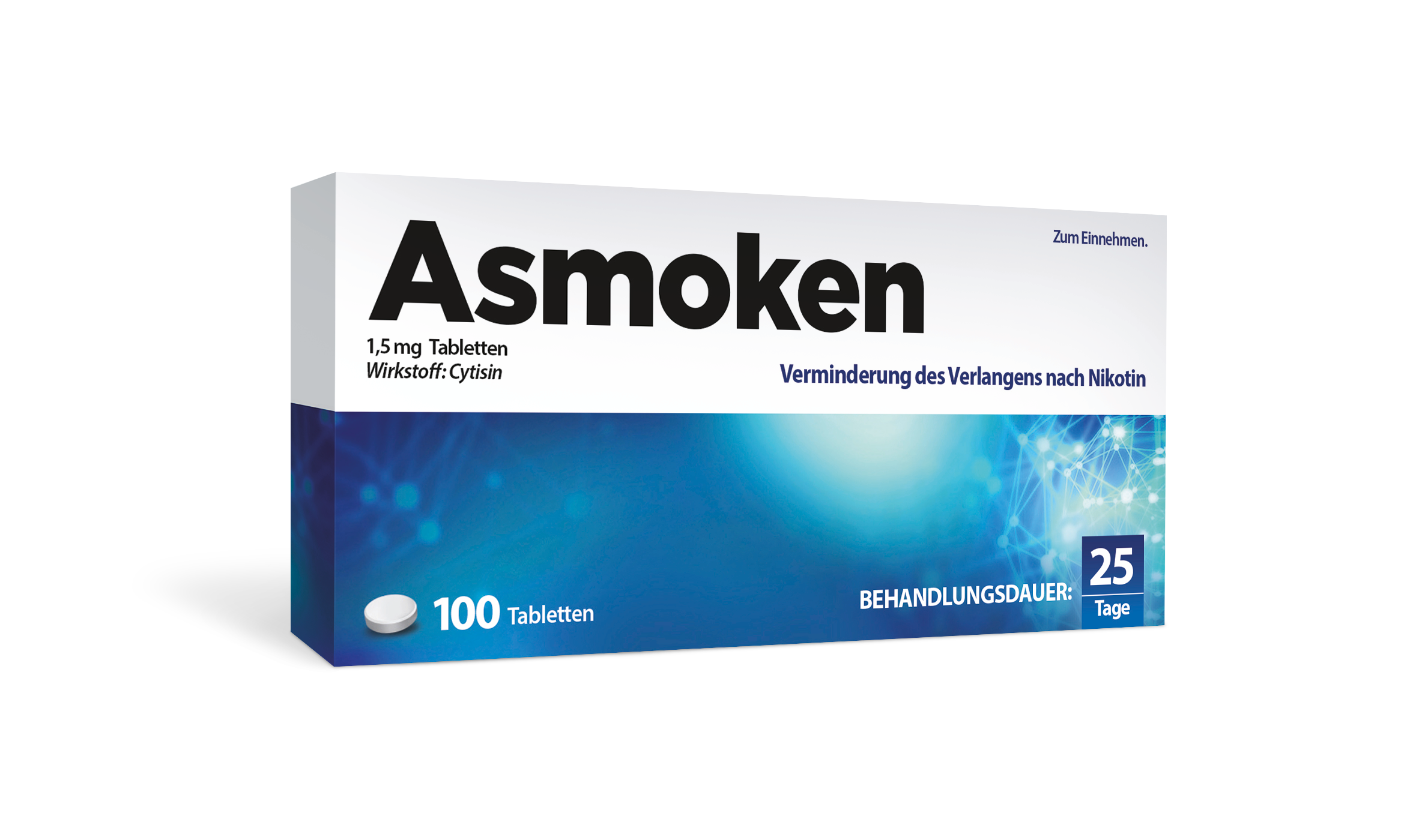 Asmoken 1,5 mg Tabletten mit Cytisin, 100 Stück zur 25-tägigen Behandlung zur Verringerung des Rauchverlangens.
