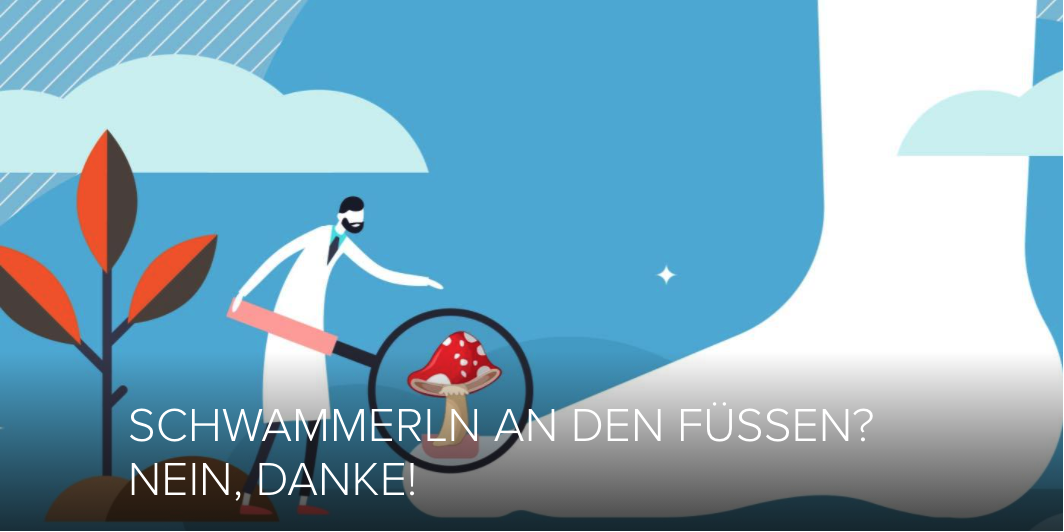 Fußpilz-Prävention Illustration: Person untersucht mit Lupe einen Pilz auf einem großen Fuß – Thema Fußpilz-Prävention.