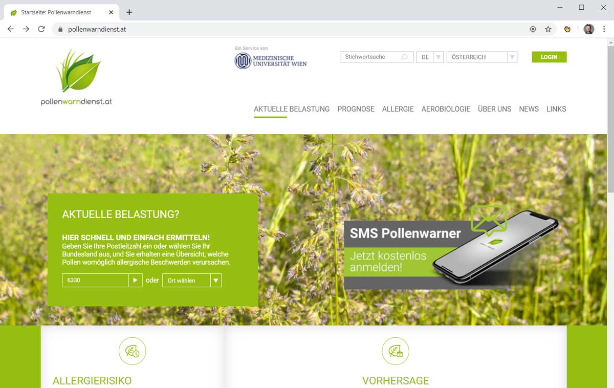 Website pollenwarndienst.at Screenshot der Website pollenwarndienst.at mit Infos zur aktuellen Pollenbelastung und SMS-Service zur Warnung.