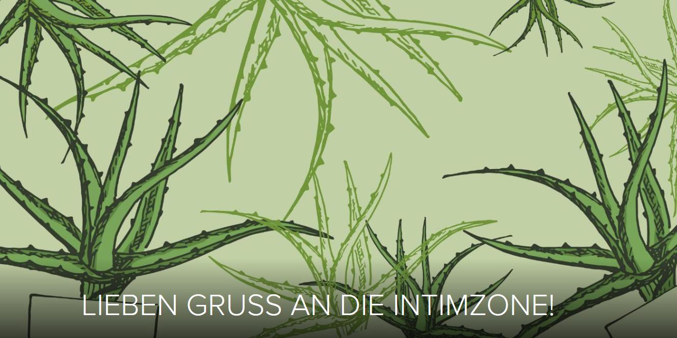 Intimprobleme vorbeugen Illustration mit Aloe Vera-Pflanzen auf Hintergrund. In der Mitte unten steht der Text: „LIEBEN GRUSS AN DIE INTIMZONE!“