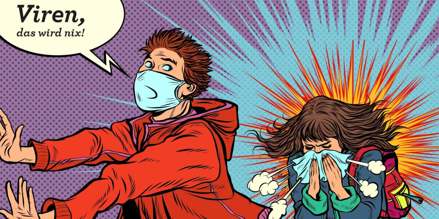 Comic-Stil: Mann mit Maske wehrt sich vor hustender Frau – Sprechblase: ‚Viren, das wird nix!